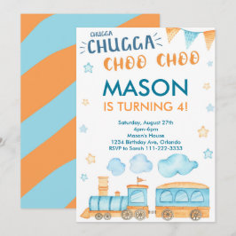 Convite de aniversário do trem azul-laranja
