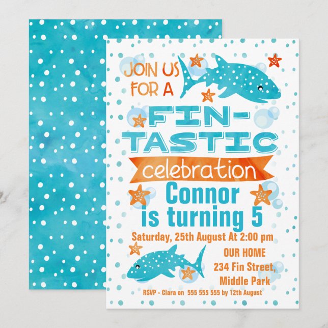 Convite de Aniversário do Tubarão-Baleia Fin-Tásti (Frente/Verso)