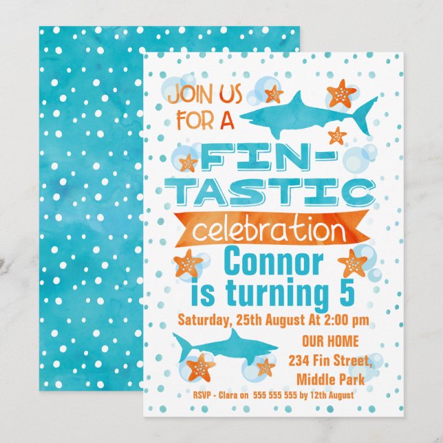 Convite de Aniversário do Tubarão Fin-tastic de Aq (Frente/Verso)