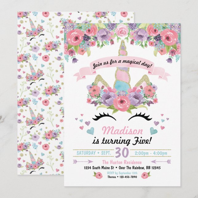 Convite de Aniversário do Unicórn (Frente/Verso)