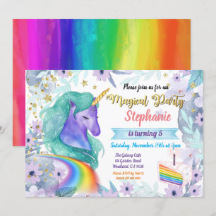 Convite de aniversário do Unicórn. Bolo arco-íris 