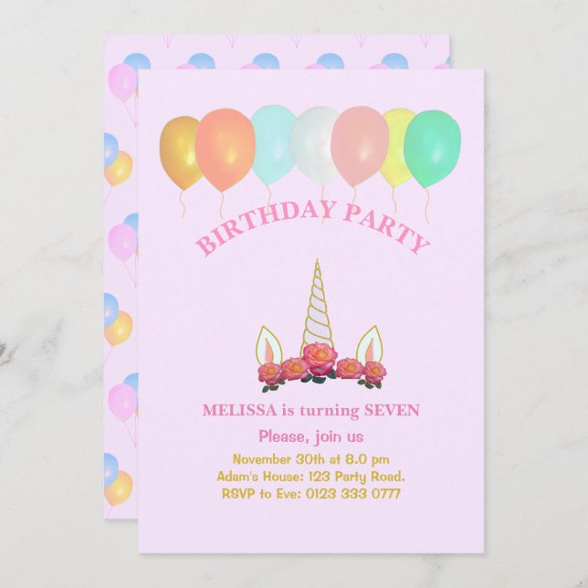 Convite de Aniversário do Unicorn e Balões (Frente/Verso)