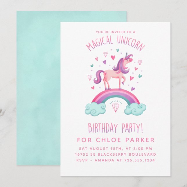 Convite de Aniversário do Unicorn Rainbow (Frente/Verso)