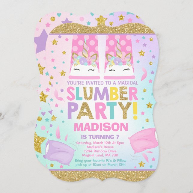 Convite de Aniversário do Unicórn Slumber Party (Frente/Verso)