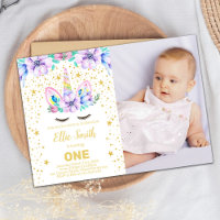 Convite de Aniversário do Unicórnio Floral Roxo co