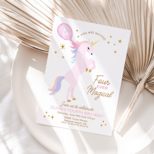 Convite de Aniversário do Unicórnio - Quatro vezes (Unicorn Birthday Invitation - FOUR EVER MAGICAL)