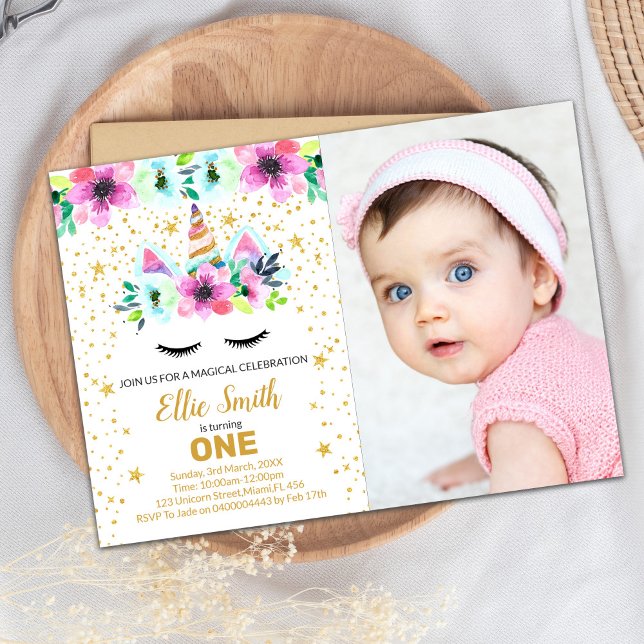 Convite de Aniversário do Unicórnio Verde e Rosa c (Green Pink Unicorn Invitations with photo)