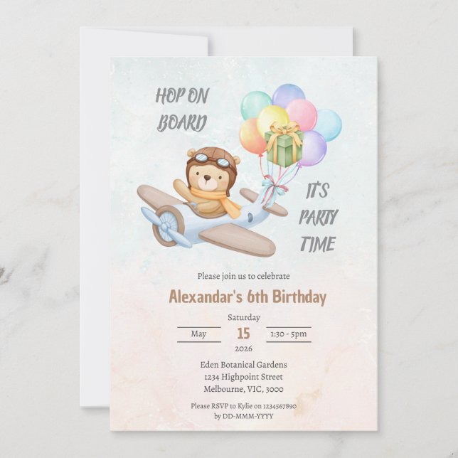 Convite de Aniversário do Ursinho Piloto (Frente)