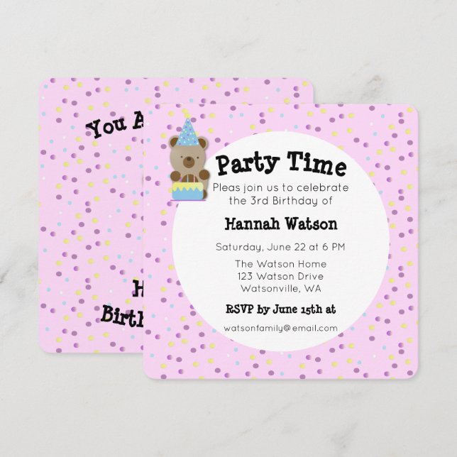 Convite de aniversário do Urso de Festa Corta (Frente/Verso)