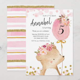 Convite de Aniversário do Urso Floral