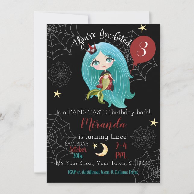 Convite de Aniversário do Vampiro Sereia Halloween (Frente)