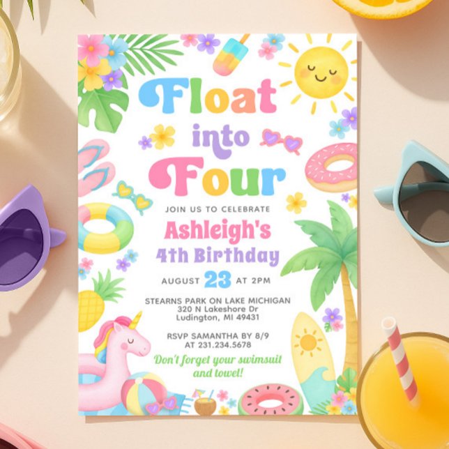 Convite de Aniversário do Verão 4 - Flutuar em Qua (Summer 4th Birthday Invitation - Float into Four
)