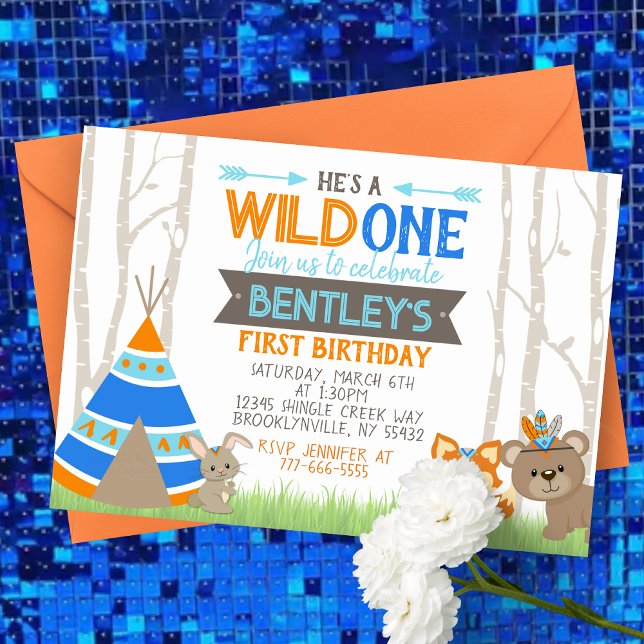 Convite de Aniversário do Wild One Blue Teepee Woo (Wild One First Birthday Invitations. Featuring a Tribal Teepee Tent, Forest Fox and Woodland Bear)