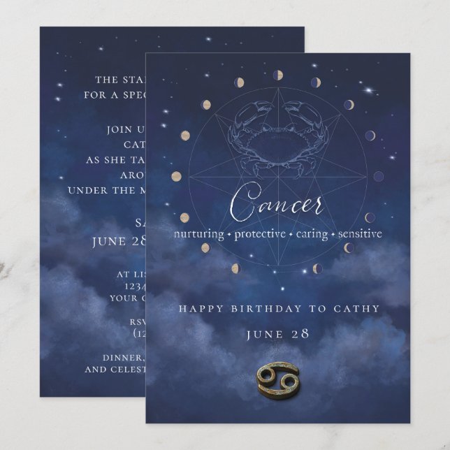 Convite de Aniversário do Zodíaco de Câncer (Frente/Verso)