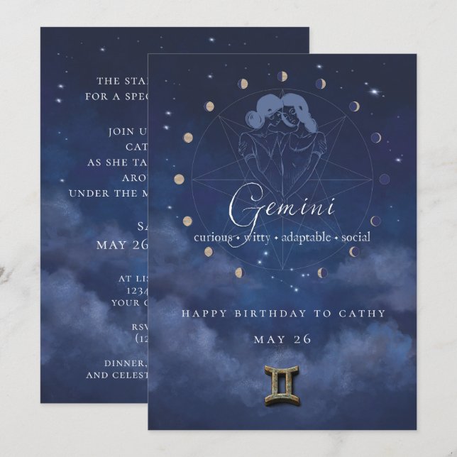 Convite de Aniversário do Zodíaco de Gêmeos (Frente/Verso)