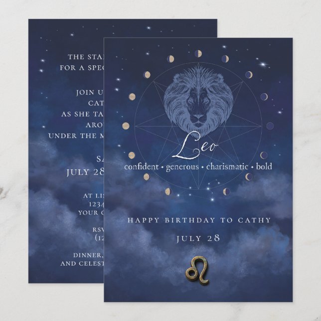 Convite de Aniversário do Zodíaco de Leão (Frente/Verso)
