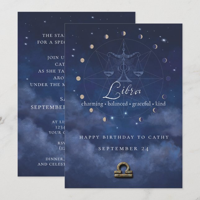 Convite de Aniversário do Zodíaco de Libra (Frente/Verso)