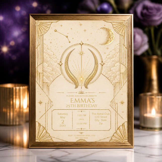 Convite de Aniversário do Zodíaco Touro | Dourado  (Elegant Taurus zodiac birthday invitation with gold celestial details and a sophisticated cream.)