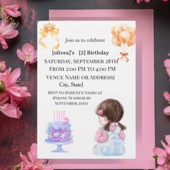 Convite de Aniversário Doce Menina de Dois Anos (Criador carregado)