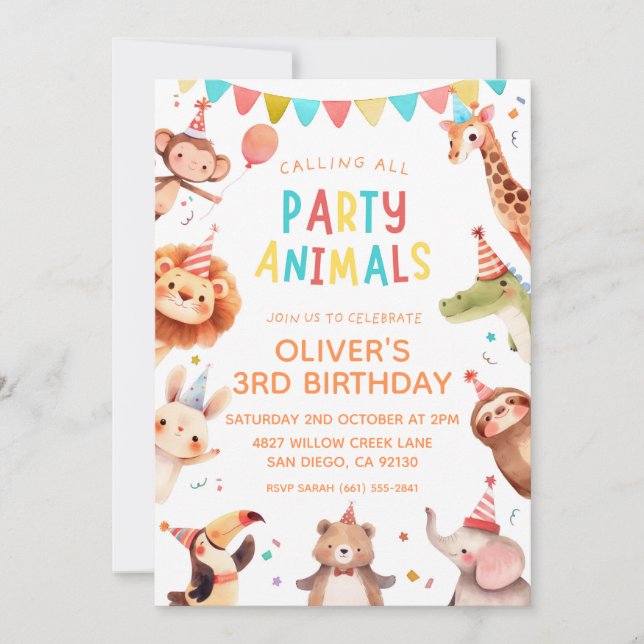 Convite de Aniversário dos Animais da Festa (Frente)