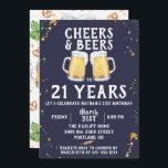Convite de aniversário dos elogios & das cervejas<br><div class="desc">Canecas de cerveja pintadas no fundo dos azuis marinhos,  "ELOGIOS & CERVEJAS",  convite de aniversário. Teste padrão do estilo do bar em características,  em saltos,  no trigo,  no vidro de cerveja,  na caneca de cerveja e em pretzeis traseiros. A cor e o estilo da pia batismal podem ser personalizados.</div>