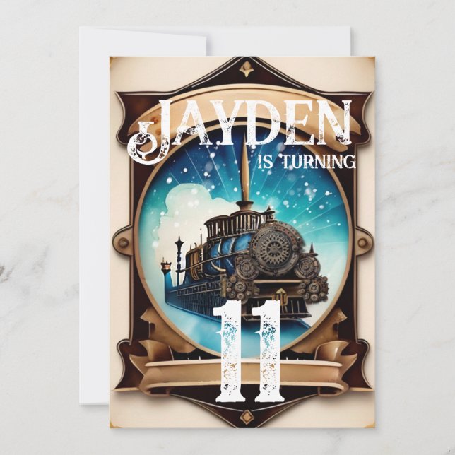 Convite de aniversário Dourado Azul Steampunk (Frente)