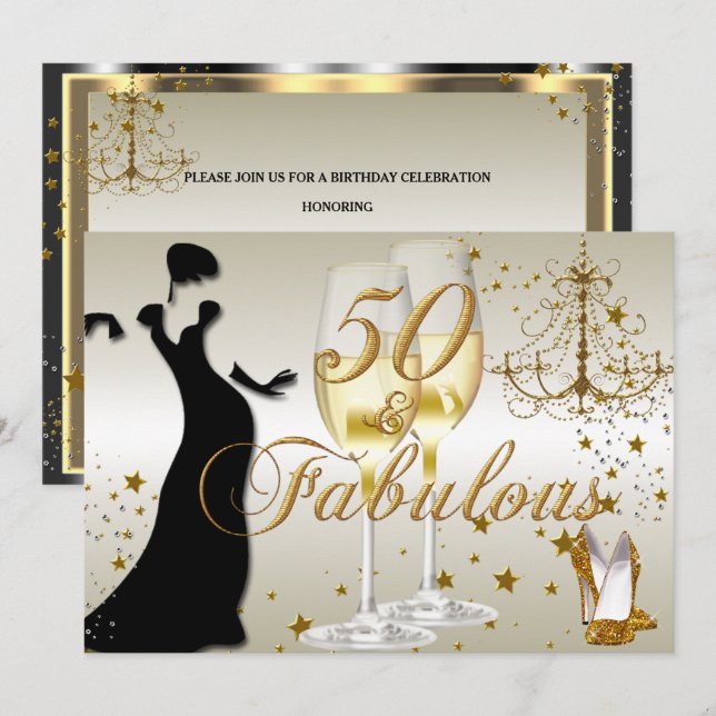 Convite de Aniversário Dourado Brilhante 50 & Fabu (Frente/Verso)