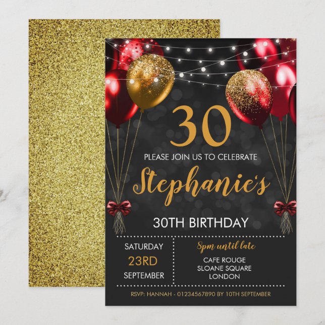 Convite de aniversário Dourado do Red Black para 3 (Frente/Verso)