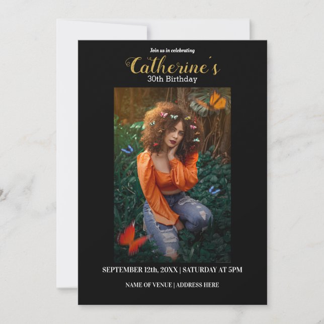 Convite de aniversário Dourado e preto personaliza (Frente)