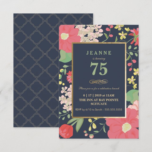 Convite de Aniversário - Dourado, Elegante Floral (Frente/Verso)