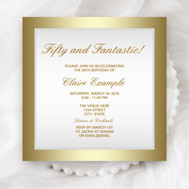 Convite de aniversário Dourado Elegante White (Elegant white and gold birthday and event invitation with beautiful gold border. )