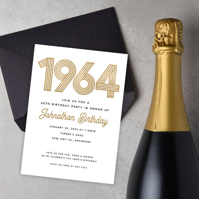 Convite de Aniversário Dourado Falso Branco 1964 (Criador carregado)