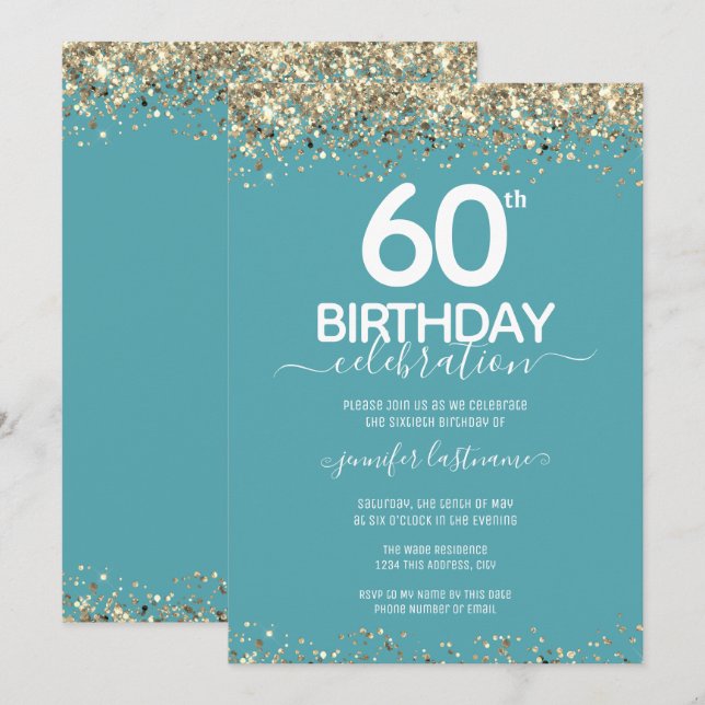 Convite de aniversário Dourado Glitter 60th (Frente/Verso)