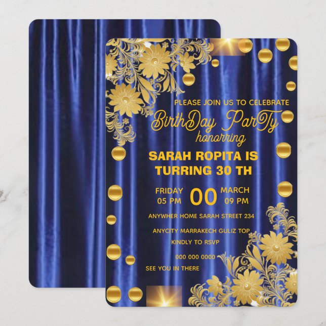 Convite de aniversário Dourado Real Azul, Mulheres (Frente/Verso)