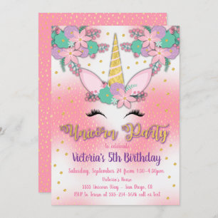Convite de aniversário Dourado Unicorn Floral