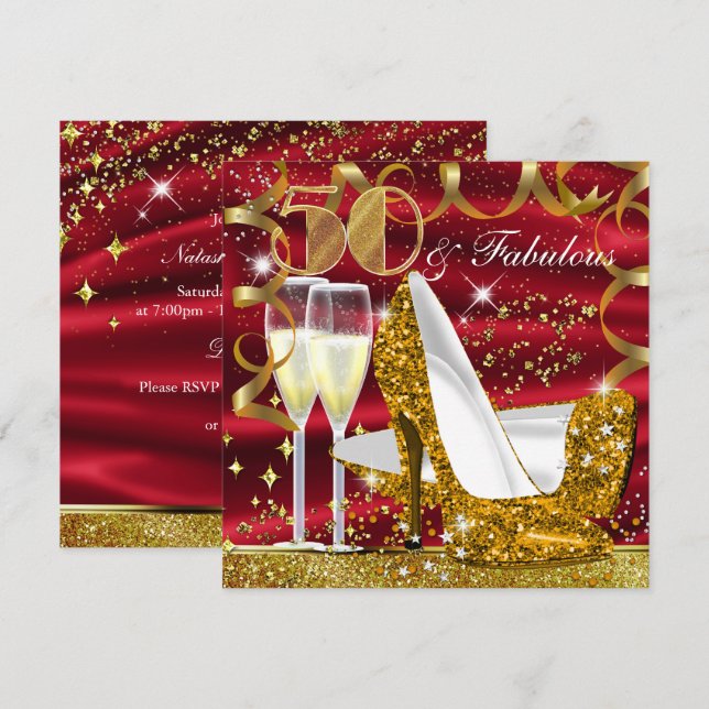 Convite de Aniversário Dourado Vermelho Brilhante  (Frente/Verso)