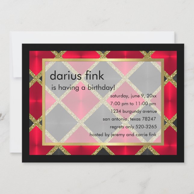 Convite de aniversário Dourado vermelho preto (Frente)