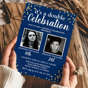 Convite de Aniversário Duplo Foto Azul Dourado