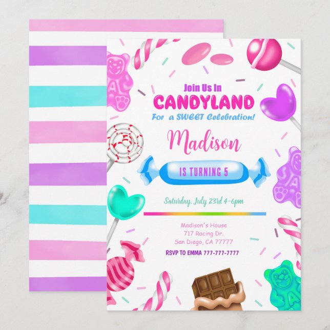 Convite de aniversário editável Candy land (Frente/Verso)