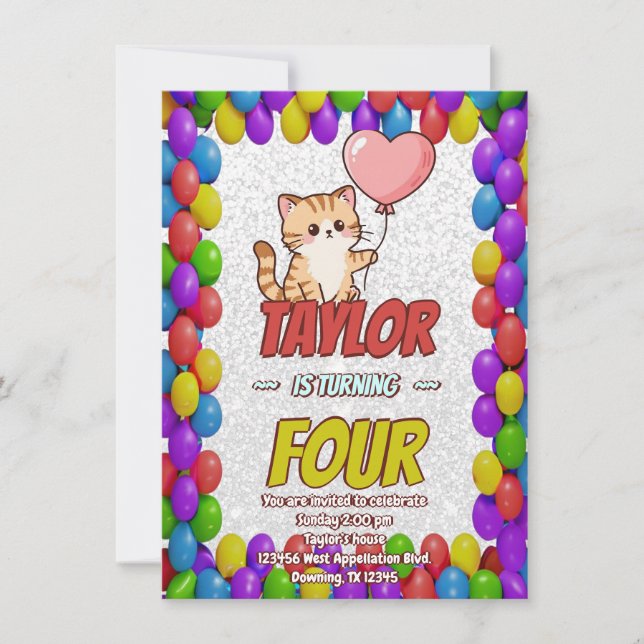 Convite de Aniversário Editável com Balões Tema de (Frente)