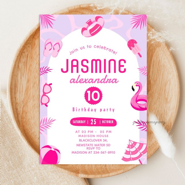 Convite de Aniversário Editável Festa na Piscina R (Pink Pool Party Editable Birthday Invitation)