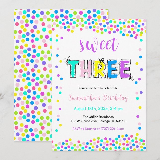 Convite de Aniversário Editável Menina Idade 3 (Frente/Verso)