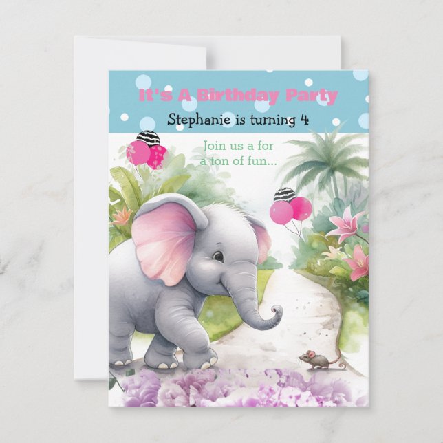 Convite de Aniversário Elefante em um Jardim (Frente)