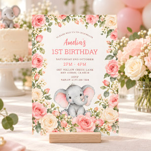 Convite de Aniversário Elefante Floral Rosa Aquare