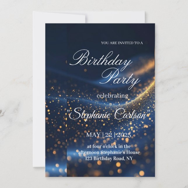 Convite de Aniversário Elegante Azul Marinho e Dou (Frente)