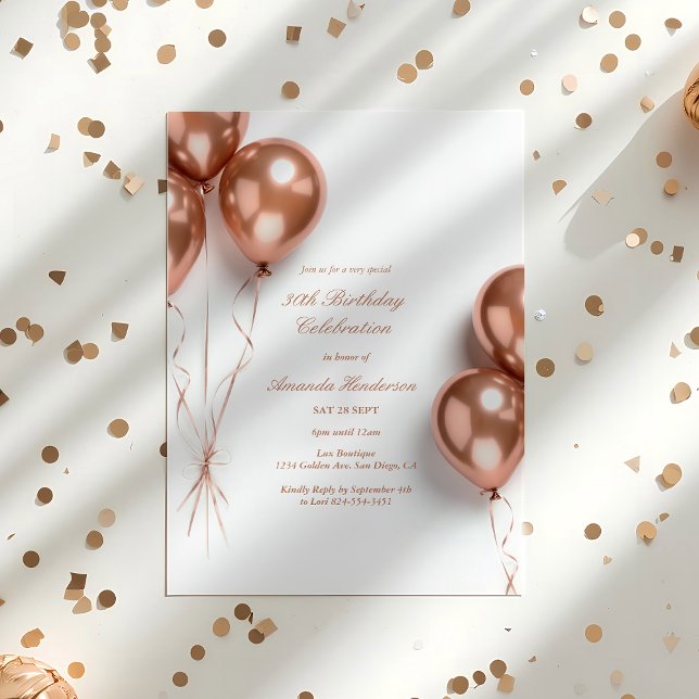 Convite de Aniversário Elegante Balão Dourado Rosa (Rose Gold Birthday Invitation)