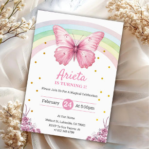 Convite de aniversário Elegante Borboleta Rosa