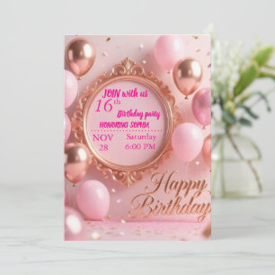 Convite de Aniversário Elegante de Penas Rosa Doce