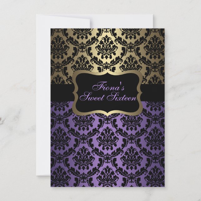 Convite de Aniversário Elegante em Damasco Roxo e  (Frente)