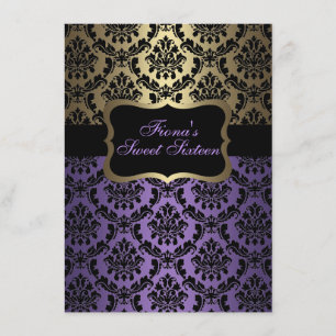Convite de Aniversário Elegante em Damasco Roxo e